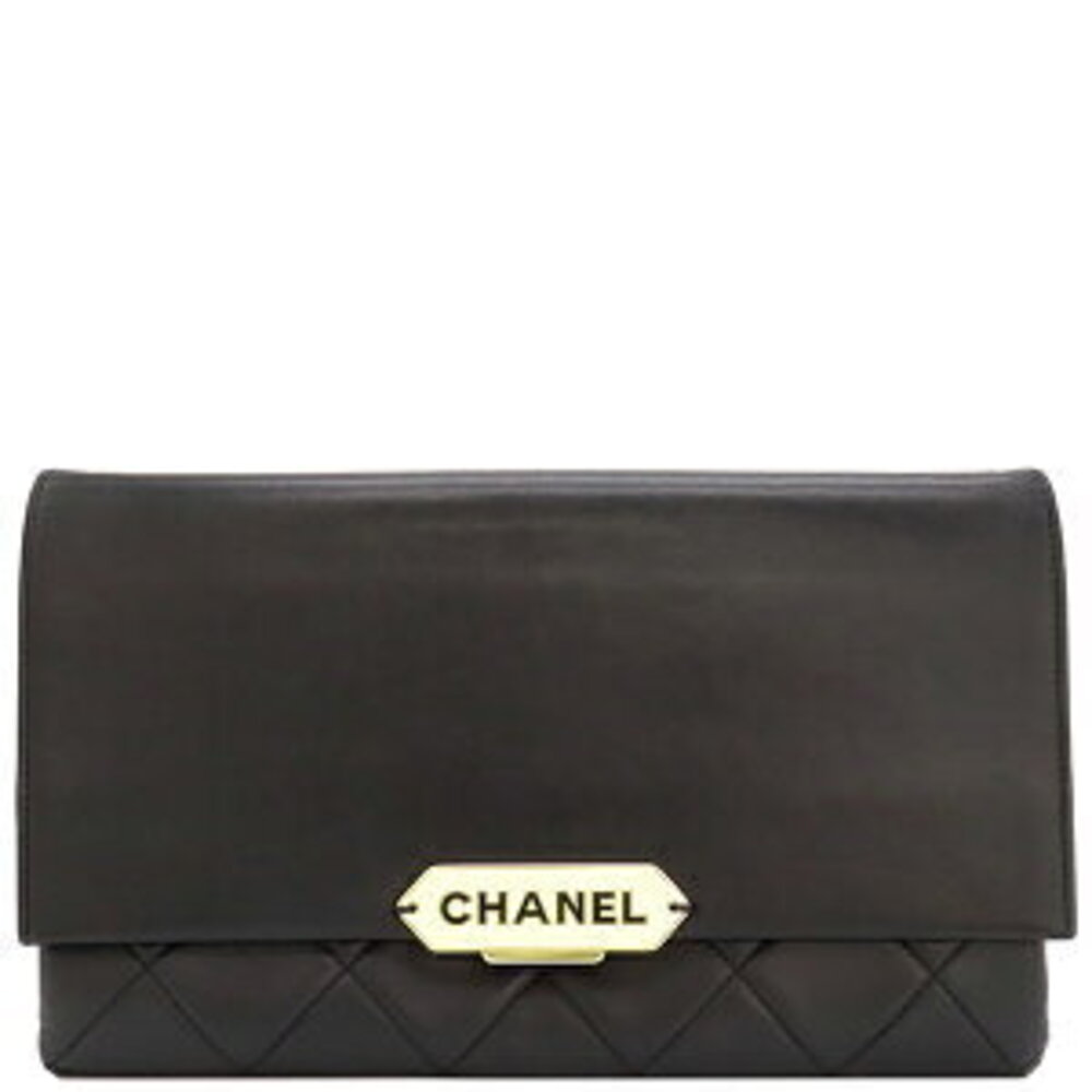 CHANEL Retro Label Shoulder Bag Black Lambskin Chain Logo Plate